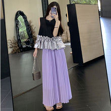 画像をギャラリービューアに読み込む, 配色切替フレア裾ノースリーブトップス&プリーツロングスカートセットアップ
