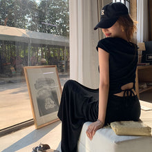 画像をギャラリービューアに読み込む, バックレースアップセットアップ ワンピース風トップス + ロングスカート 着痩せ カジュアル