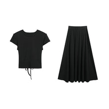 画像をギャラリービューアに読み込む, バックレースアップセットアップ ワンピース風トップス + ロングスカート 着痩せ カジュアル
