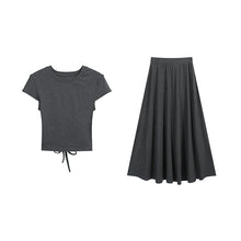 画像をギャラリービューアに読み込む, バックレースアップセットアップ ワンピース風トップス + ロングスカート 着痩せ カジュアル