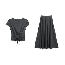 画像をギャラリービューアに読み込む, バックレースアップセットアップ ワンピース風トップス + ロングスカート 着痩せ カジュアル