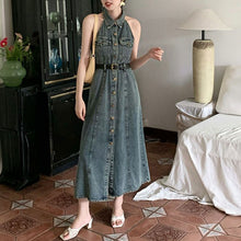 画像をギャラリービューアに読み込む, ノースリーブデニムワンピース折ネックデートワンピース(ベルト付き)