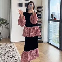 画像をギャラリービューアに読み込む, メッシュ花柄切替ベルベットフレア裾トップス&ミモレスカートセットアップ