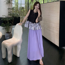 画像をギャラリービューアに読み込む, 配色切替フレア裾ノースリーブトップス&プリーツロングスカートセットアップ