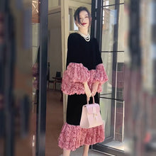 画像をギャラリービューアに読み込む, メッシュ花柄切替ベルベットフレア裾トップス&ミモレスカートセットアップ