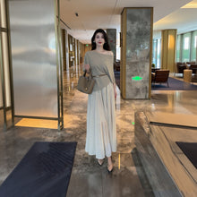 画像をギャラリービューアに読み込む, ニット トップス & ロング スカート セットアップ(ベルト付き) 2点セット オフショルダー 半袖 プリーツスカート マキシ丈 体型カバー 大人可愛い 上品 ゆったり お出かけ 通勤 オフィス ファッション 美シルエット