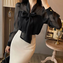 画像をギャラリービューアに読み込む, リボン黒シースルーブラウス&マーメイドスカートセットアップフォーマルコーデ通勤