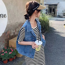 画像をギャラリービューアに読み込む, デニムベスト&ボーダー柄タッセルワンピースセットアップ