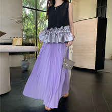 画像をギャラリービューアに読み込む, 配色切替フレア裾ノースリーブトップス&プリーツロングスカートセットアップ
