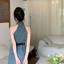 画像をギャラリービューアに読み込む, ノースリーブデニムワンピース折ネックデートワンピース(ベルト付き)