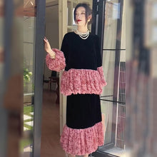 画像をギャラリービューアに読み込む, メッシュ花柄切替ベルベットフレア裾トップス&ミモレスカートセットアップ