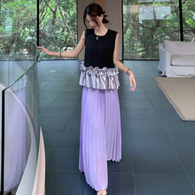 画像をギャラリービューアに読み込む, 配色切替フレア裾ノースリーブトップス&プリーツロングスカートセットアップ
