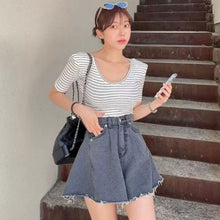 画像をギャラリービューアに読み込む, デニムショートパンツダメージデザインハイウエストボトムス