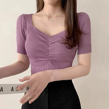 画像をギャラリービューアに読み込む, 無地Vネックギャザーデザイン半袖ニットトップス