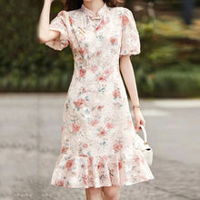 画像をギャラリービューアに読み込む, 花柄レースフリル裾パフスリーブ半袖デートワンピース
