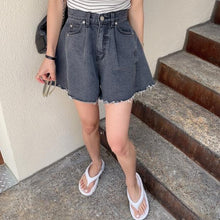 画像をギャラリービューアに読み込む, デニムショートパンツダメージデザインハイウエストボトムス