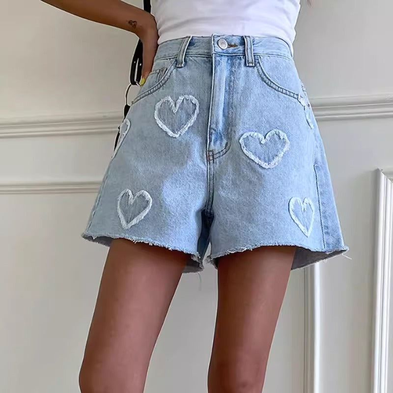 ハートプリントデニムパンツショートパンツダメージデザイン – Alexis 