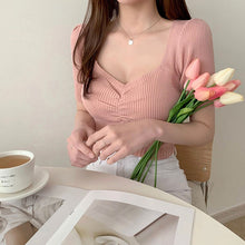 画像をギャラリービューアに読み込む, 無地Vネックギャザーデザイン半袖ニットトップス
