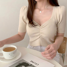 画像をギャラリービューアに読み込む, 無地Vネックギャザーデザイン半袖ニットトップス