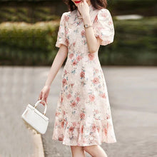 画像をギャラリービューアに読み込む, 花柄レースフリル裾パフスリーブ半袖デートワンピース