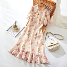 画像をギャラリービューアに読み込む, 花柄レースフリル裾パフスリーブ半袖デートワンピース