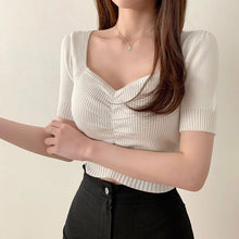 画像をギャラリービューアに読み込む, 無地Vネックギャザーデザイン半袖ニットトップス