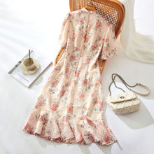 画像をギャラリービューアに読み込む, 花柄レースフリル裾パフスリーブ半袖デートワンピース