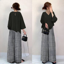 画像をギャラリービューアに読み込む, 黒ブラウス&チェック柄カジュアルパンツセットアップ