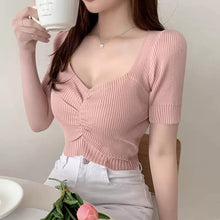 画像をギャラリービューアに読み込む, 無地Vネックギャザーデザイン半袖ニットトップス