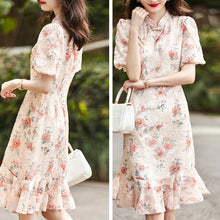 画像をギャラリービューアに読み込む, 花柄レースフリル裾パフスリーブ半袖デートワンピース