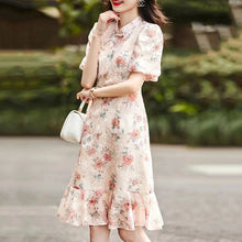 画像をギャラリービューアに読み込む, 花柄レースフリル裾パフスリーブ半袖デートワンピース