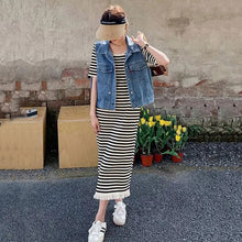 画像をギャラリービューアに読み込む, デニムベスト&ボーダー柄タッセルワンピースセットアップ