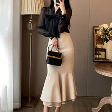 画像をギャラリービューアに読み込む, リボン黒シースルーブラウス&マーメイドスカートセットアップフォーマルコーデ通勤