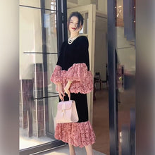 画像をギャラリービューアに読み込む, メッシュ花柄切替ベルベットフレア裾トップス&ミモレスカートセットアップ