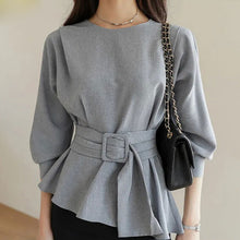画像をギャラリービューアに読み込む, ウエスト絞り無地ブラウストップス(ベルト付き)