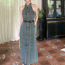 画像をギャラリービューアに読み込む, ノースリーブデニムワンピース折ネックデートワンピース(ベルト付き)
