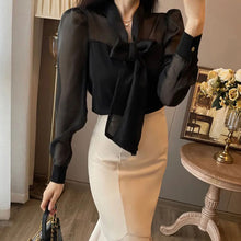 画像をギャラリービューアに読み込む, リボン黒シースルーブラウス&マーメイドスカートセットアップフォーマルコーデ通勤