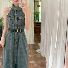 画像をギャラリービューアに読み込む, ノースリーブデニムワンピース折ネックデートワンピース(ベルト付き)