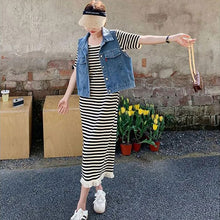 画像をギャラリービューアに読み込む, デニムベスト&ボーダー柄タッセルワンピースセットアップ