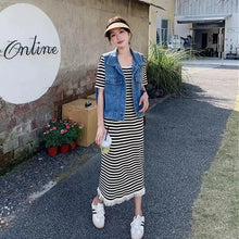 画像をギャラリービューアに読み込む, デニムベスト&ボーダー柄タッセルワンピースセットアップ