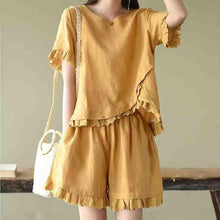 画像をギャラリービューアに読み込む, デザインスタイル不規則レース切り替えトップス&無地レース切り替え着痩せ効果ワイドレッグショーツセットアップ