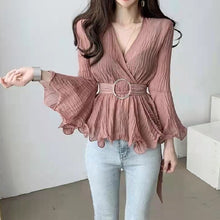 画像をギャラリービューアに読み込む, 絶対欲しい優しい気質トランペットスリーブフリル裾ファッション合わせやすいシャツ・ブラウストップス