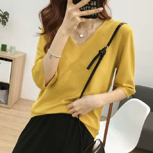 画像をギャラリービューアに読み込む, 人気沸騰ニットvネック半袖トップス