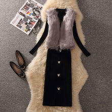 画像をギャラリービューアに読み込む, 三点セット3カラー暖かいファーベスト&無地合わせやすいトップス&ニットスカートセットアップ