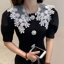 画像をギャラリービューアに読み込む, レース花柄ネック半袖パフスリーブデートワンピース通勤OLコーデ気質アップ