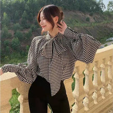画像をギャラリービューアに読み込む, フランスファッション千鳥格子蝶結び付きパフスリーブ高級感シャツ・ブラウストップス