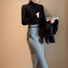 画像をギャラリービューアに読み込む, 気質よいハイネック無地セーター&2colorsスリットロングスカートセットアップ