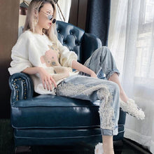 画像をギャラリービューアに読み込む, ブルーレース切り替えカジュアルコーデしやすいハイウエスト着痩せ効果カジュアルパンツ