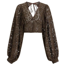 画像をギャラリービューアに読み込む, レース花柄透かし彫りパフスリーブブラウストップス