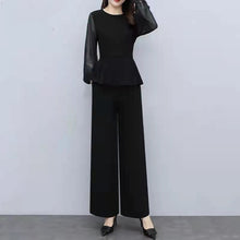 画像をギャラリービューアに読み込む, ブラック無地エレガント女性ファッションシフォントップス&無地ワイドレッグパンツセットアップ